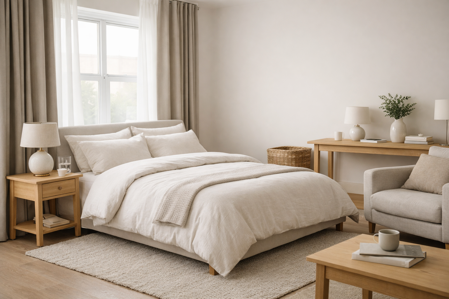 Modern UK bedroom styled with soft bedding and natural light