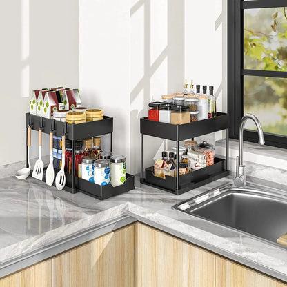 2-Tier Under Sink Sliding Cabinet Organiser with Hooks