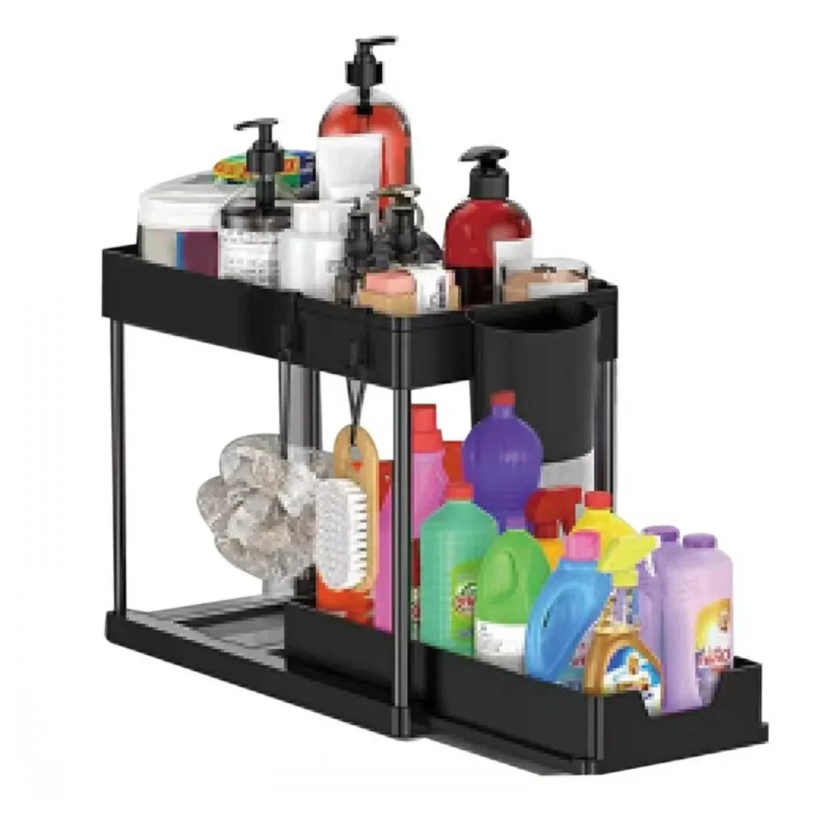2-Tier Under Sink Sliding Cabinet Organiser with Hooks
