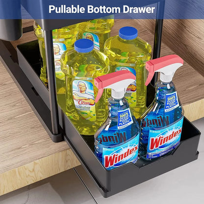 2-Tier Under Sink Sliding Cabinet Organiser with Hooks