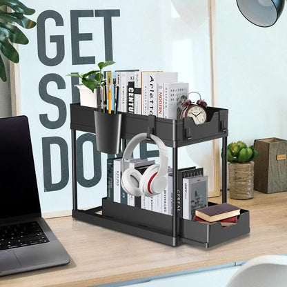 2-Tier Under Sink Sliding Cabinet Organiser with Hooks