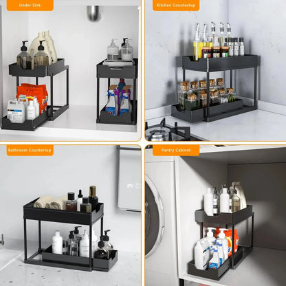 2-Tier Under Sink Sliding Cabinet Organiser with Hooks