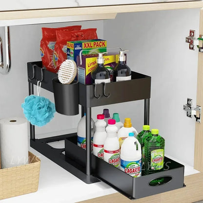 2-Tier Under Sink Sliding Cabinet Organiser with Hooks