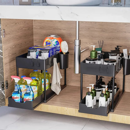 2-Tier Under Sink Sliding Cabinet Organiser with Hooks
