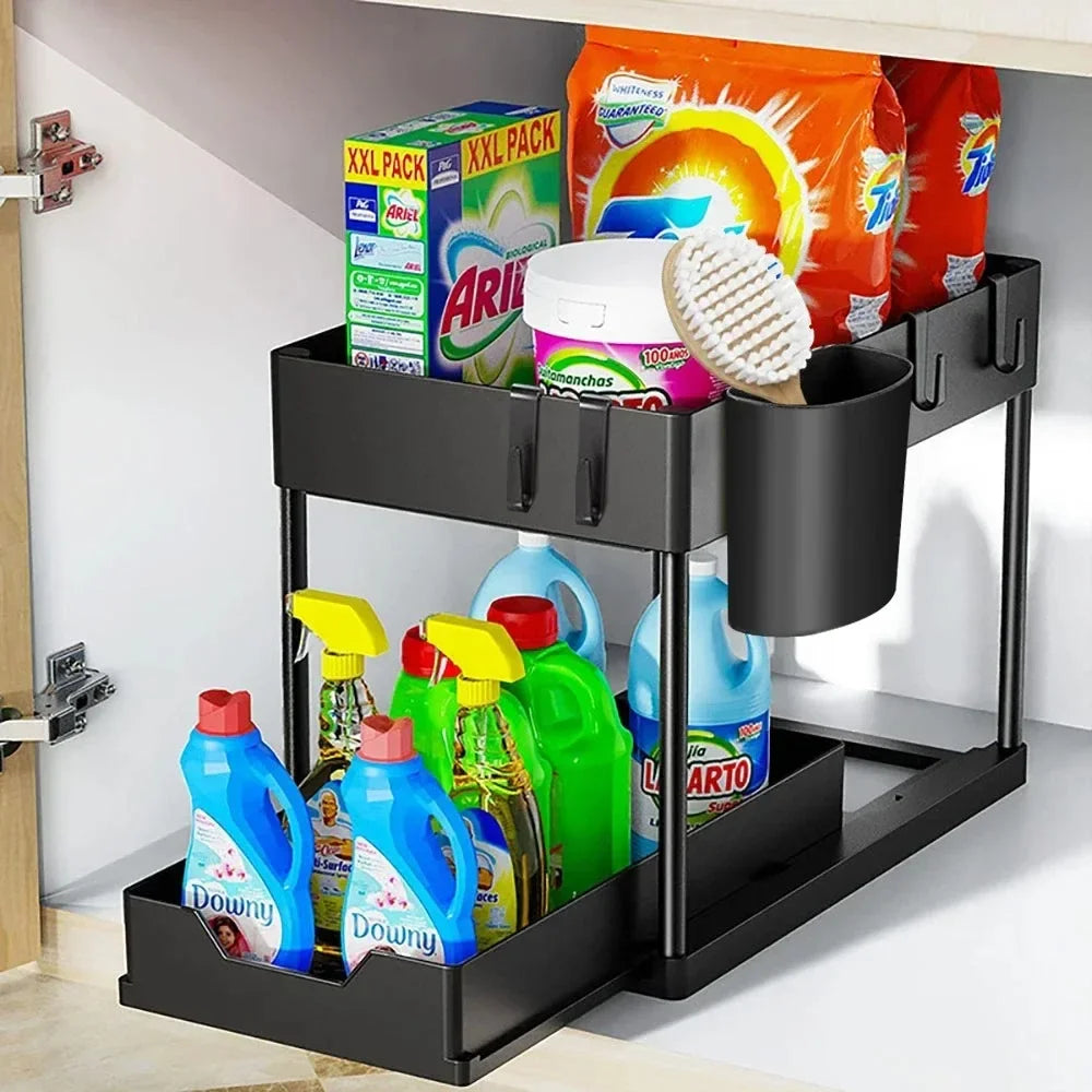 2-Tier Under Sink Sliding Cabinet Organiser with Hooks