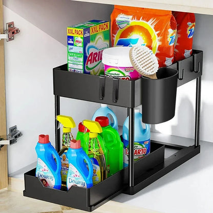 2-Tier Under Sink Sliding Cabinet Organiser with Hooks