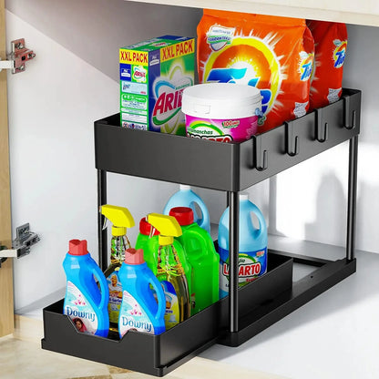2-Tier Under Sink Sliding Cabinet Organiser with Hooks