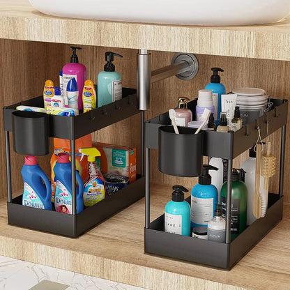 2-Tier Under Sink Sliding Cabinet Organiser with Hooks