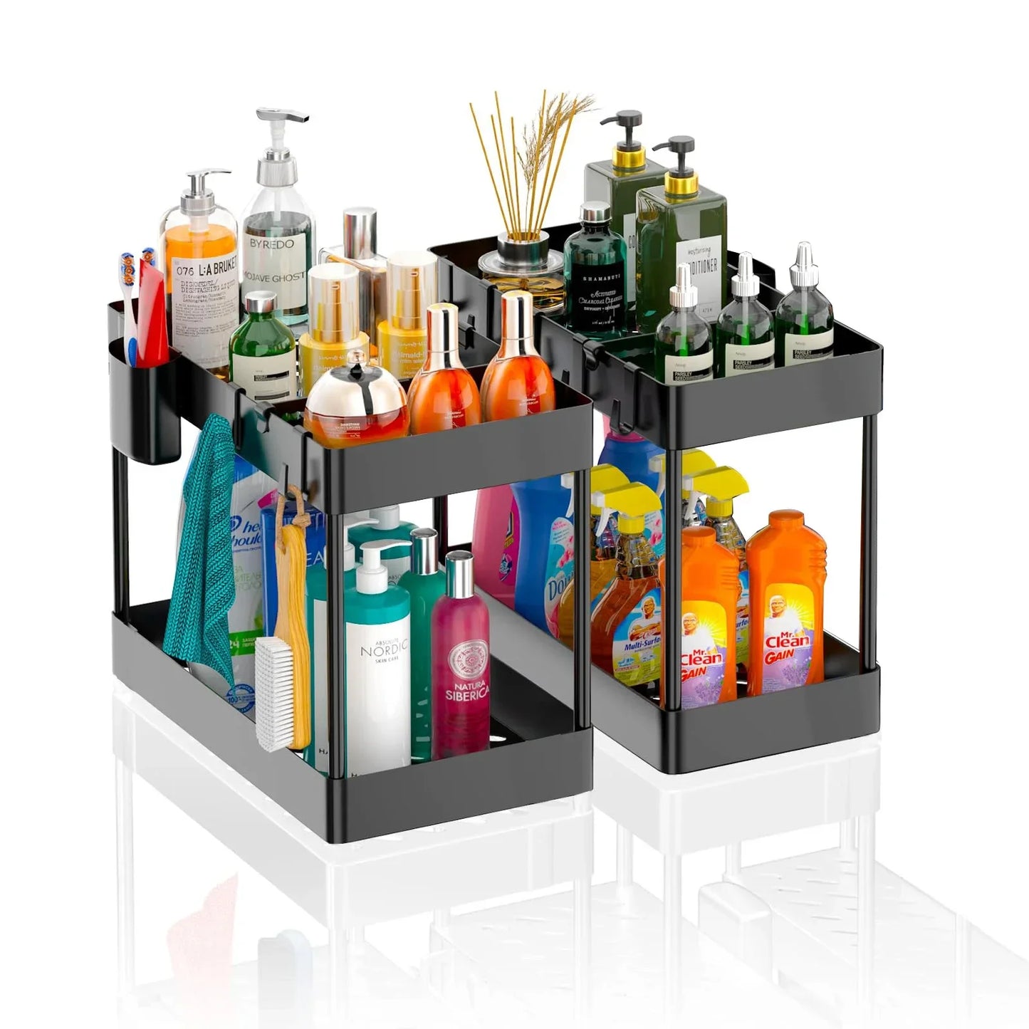 2-Tier Under Sink Sliding Cabinet Organiser with Hooks