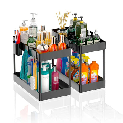 2-Tier Under Sink Sliding Cabinet Organiser with Hooks