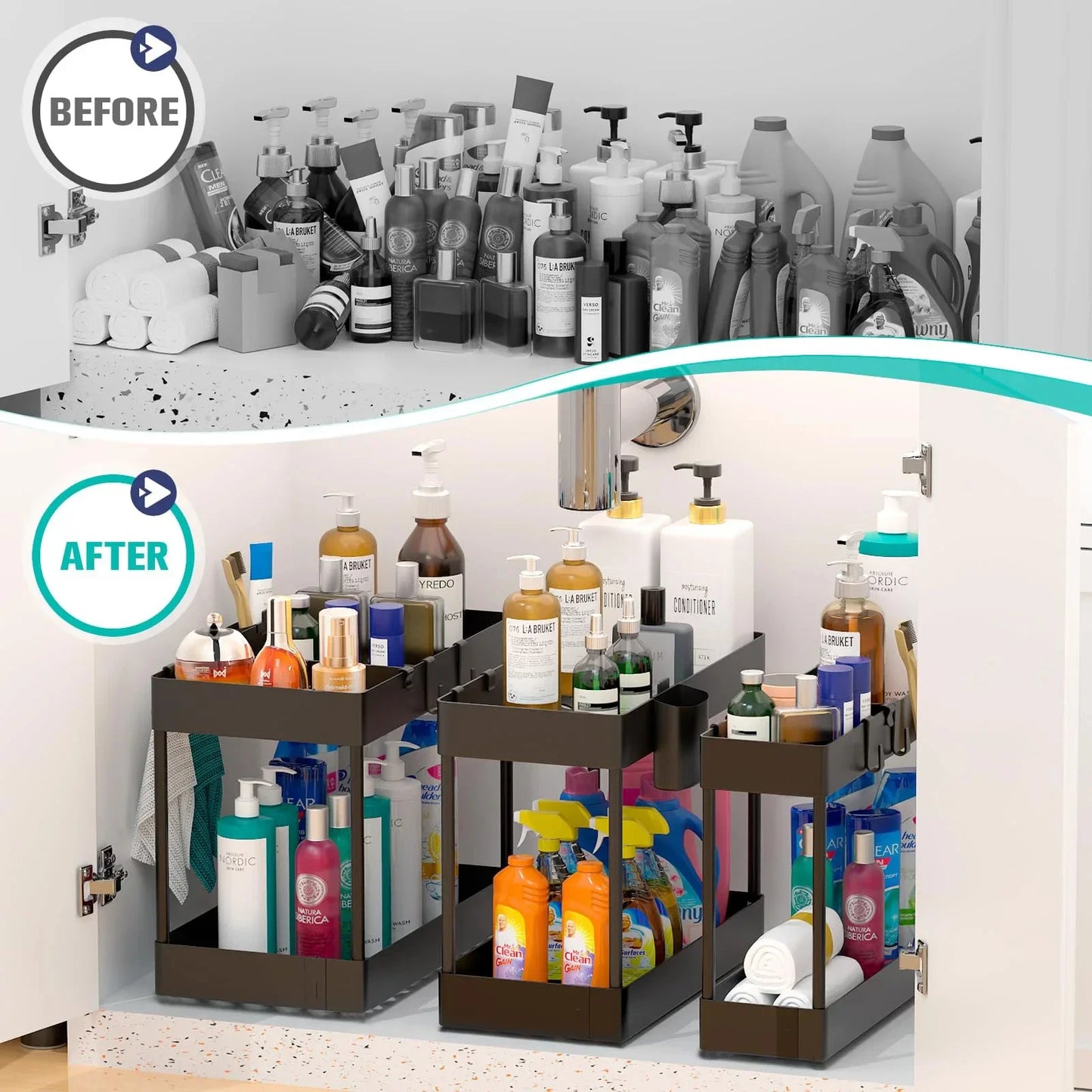 2-Tier Under Sink Sliding Cabinet Organiser with Hooks