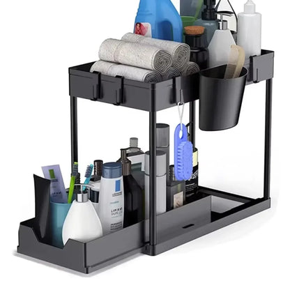 2-Tier Under Sink Sliding Cabinet Organiser with Hooks
