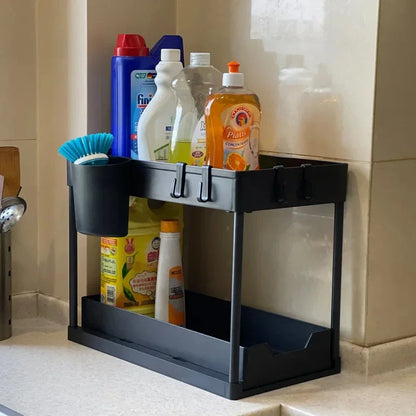 2-Tier Under Sink Sliding Cabinet Organiser with Hooks