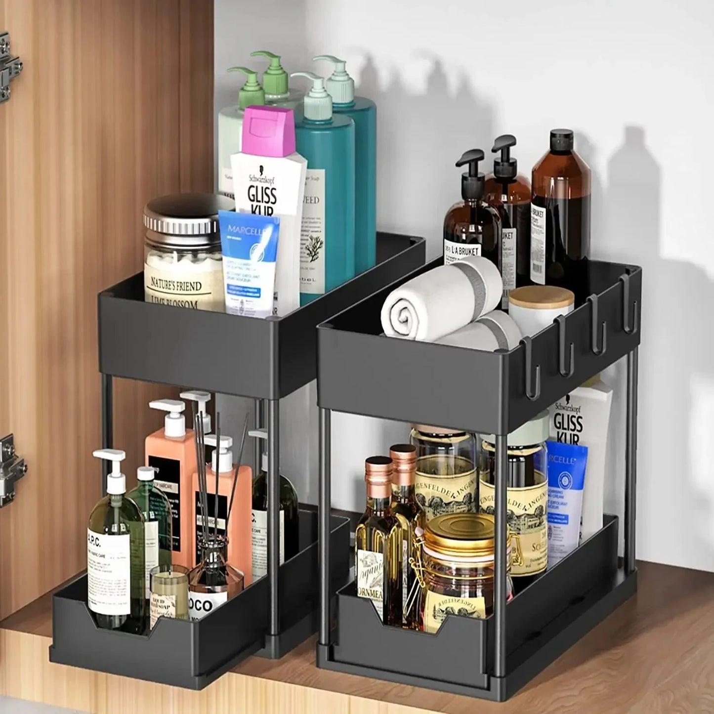 2-Tier Under Sink Sliding Cabinet Organiser with Hooks