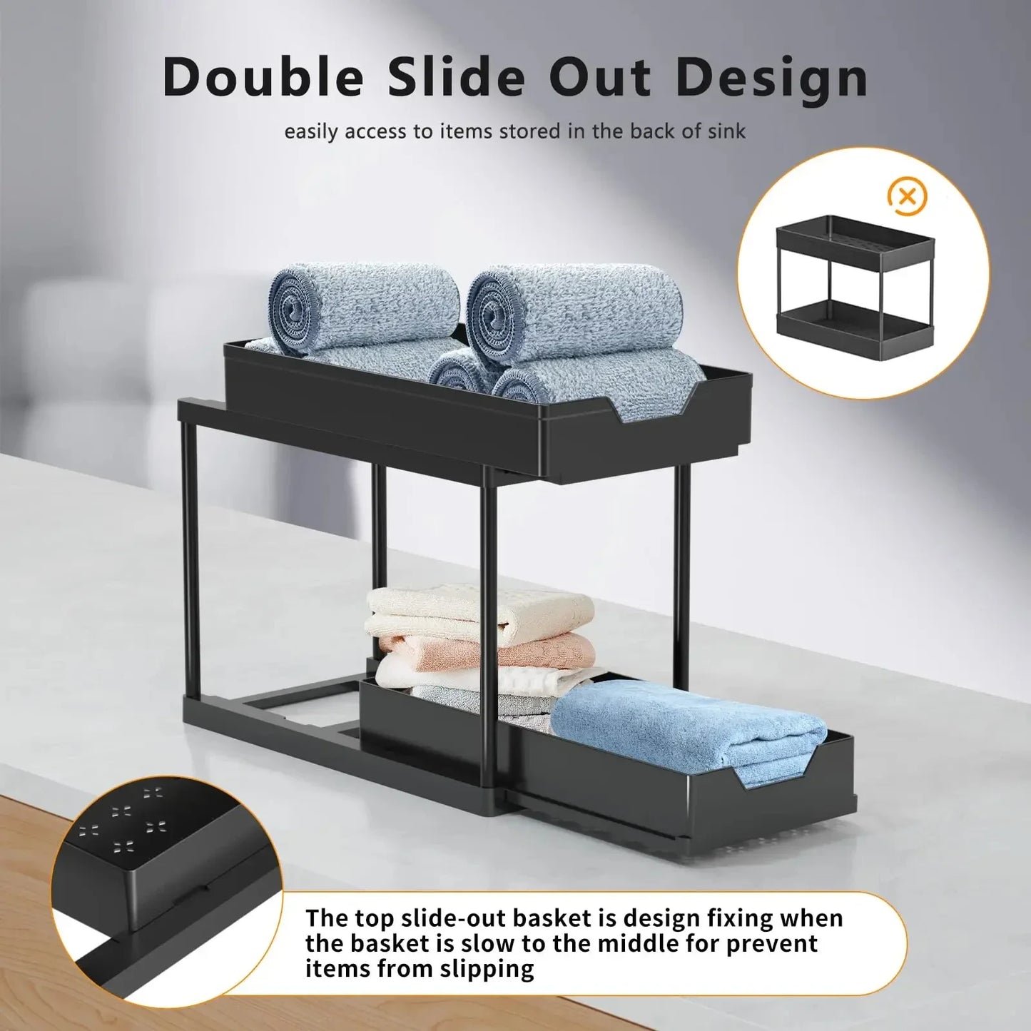 2-Tier Under Sink Sliding Cabinet Organiser with Hooks