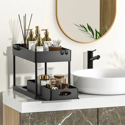 2-Tier Under Sink Sliding Cabinet Organiser with Hooks